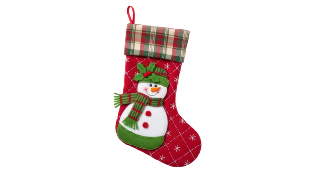 Red Christmas Stocking with Snowman and Plaid Cuff Isolated on Transparent PNG Background - Powered by Adobe