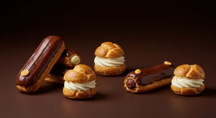 Decadent display of rich chocolate eclairs and fluffy cream puffs artfully arranged on a deep brown surface, highlighting texture and sweetness ,still life, comfort food, brown