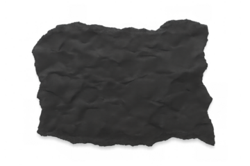 Crumpled black paper fragment texture with ripped edges on transparent background, adding abstract design element