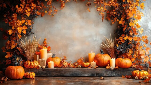 Eye-catching backdrop with beautiful Thanksgiving decorations. Pumpkins are surrounded by flowers and leaves.