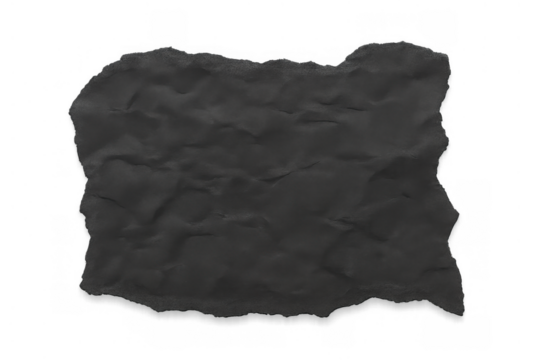 Crumpled black paper fragment texture with ripped edges on transparent background, adding abstract design element