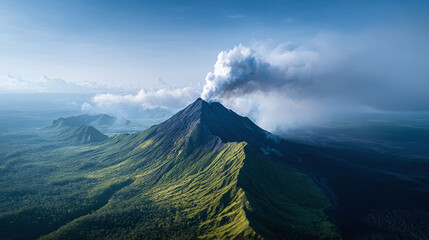 Majestic volcano spewing smoke rises above a lush, green landscape.  A dramatic aerial view conveying power, natures force, adventure, and potential environmental concerns.