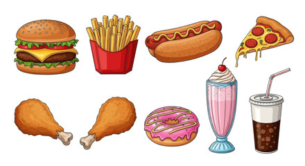 Various types of fast food including burgers, french fries, hot dogs, pizza, fried chicken, donuts, and milkshakes, 0230