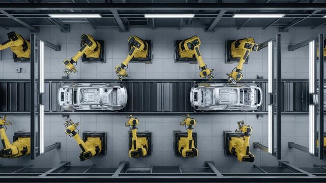 Robotic arms working on car bodies in an automated production line factory