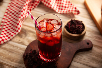 Hibiscus cooler. In Mexico, known as Agua de Jamaica, an infusion made from the hibiscus flower (Hibiscus sabdariffa), which is said to have multiple health benefits. It can be enjoyed hot or cold.