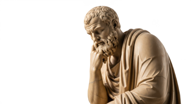 Classical Philosopher Statue or Bust Pondering, Isolated on Transparent PNG Background