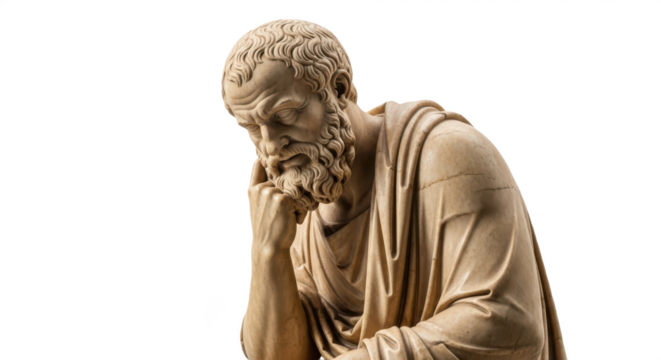 Classical Philosopher Statue or Bust Pondering, Isolated on Transparent PNG Background