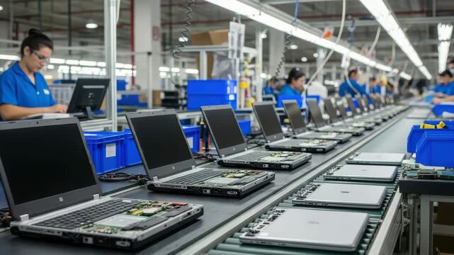 Laptop assembly line with workers assembling computers in a factory setting