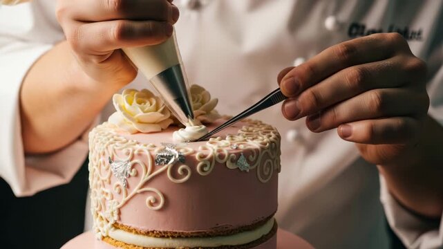 Chef decorating a pink cake with white frosting and silver leaf details