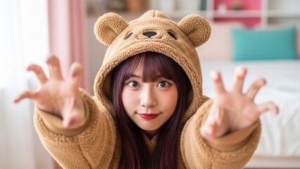 クマのパーカーで両手を突き出し襲うポーズの女性