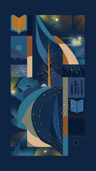 Abstract Digital Art of Universal Wisdom: Blue Tones, Flowing Lines, Tree Symbolism, and Spiritual Knowledge. Contemporary Ottoman Philosophy Illustration.