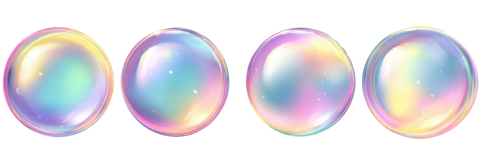 Four iridescent soap bubbles,  displaying pastel colors and a shimmering effect