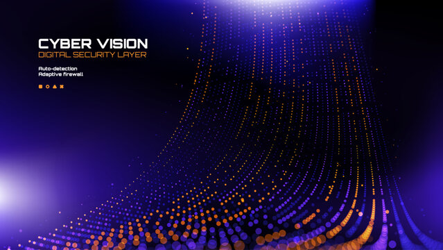 Abstract dotted pattern background with glowing particles in dark blue and orange hues. Tech science vector background for digital security.