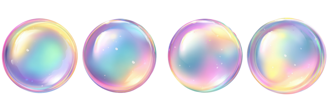 Four iridescent soap bubbles,  displaying pastel colors and a shimmering effect