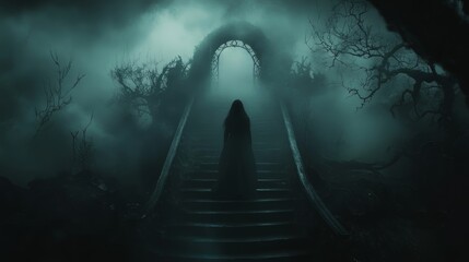 A shadowy figure walks up foggy stairs into darkness, creating a haunting, suspenseful atmosphere. The scene evokes mystery, solitude, and eerie intrigue.