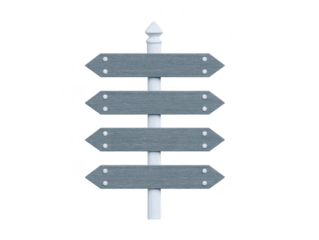 Gray wooden directional signpost with four blank arrow signs on white pole, isolated on transparent background, suitable for guidance, navigation, or travel concepts