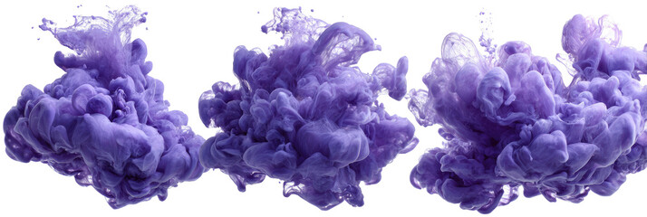 Three bursts of vibrant purple ink swirling in abstract, cloud-like formations against a black background