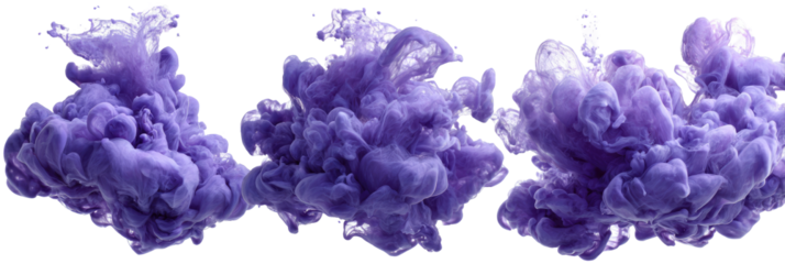 Three bursts of vibrant purple ink swirling in abstract, cloud-like formations against a black background