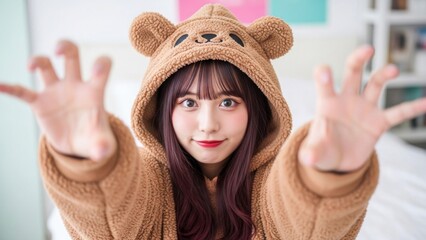 クマのパーカーでカメラに両手を伸ばすお茶目な女性
