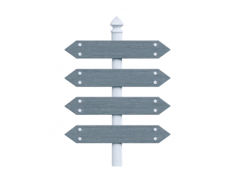 Gray wooden directional signpost with four blank arrow signs on white pole, isolated on transparent background, suitable for guidance, navigation, or travel concepts