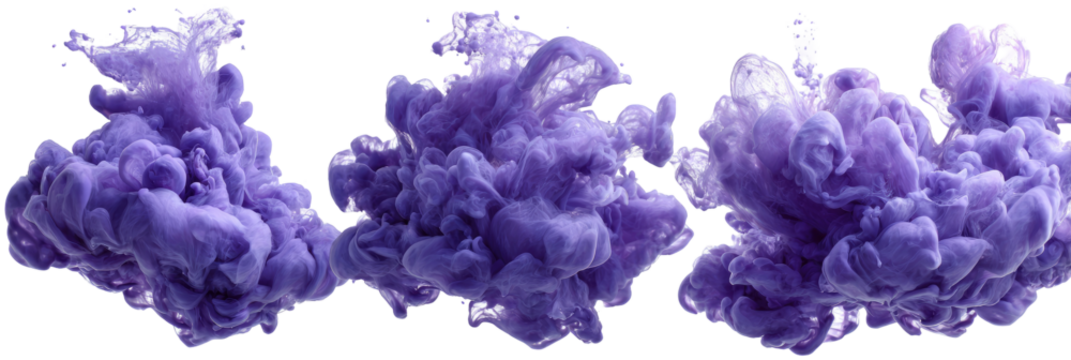 Three bursts of vibrant purple ink swirling in abstract, cloud-like formations against a black background