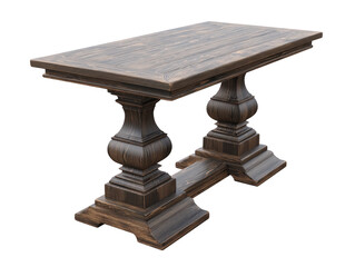 Rustic wooden table with dual pedestal base, dark brown finish, classic design, suitable for dining room or office, elegant and sturdy, vintage style, isolated on transparency background