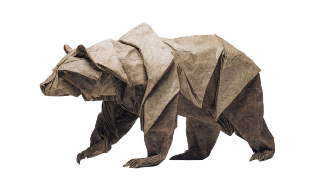 PNG of Detailed origami bear sculpture made from textured brown paper, showcasing skillful craftsmanship in animal art.