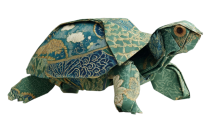 PNG of A beautifully crafted origami turtle in vibrant hues of green and blue, showcasing intricate patterns and textures.