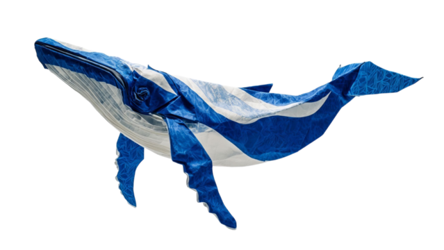 PNG of Artistic representation of a blue whale created with vibrant blue and white patterns, showcasing marine life beauty. - Powered by Adobe