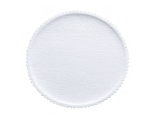 White round paper with scalloped edge, textured surface, isolated on transparency background, suitable for invitation, label, or craft project, minimal and clean design