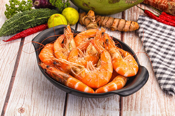 Tasty hot big boiled prawns