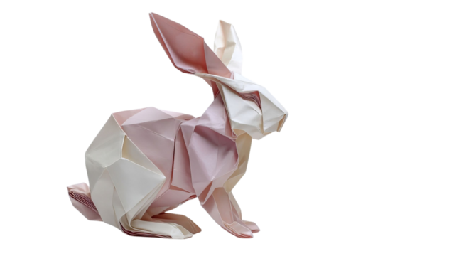 PNG of A delicate origami rabbit in soft pink and cream hues, showcasing intricate folds and elegance.