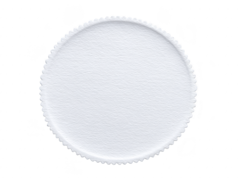 White round paper with scalloped edge, textured surface, isolated on transparency background, suitable for invitation, label, or craft project, minimal and clean design
