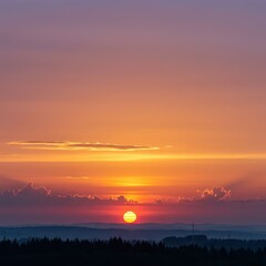 Obraz premium The eastern sky bursts with soft orange and pink hues as dense clouds filter the light of the rising sun above the distant horizon line, diffused, ethereal, nature