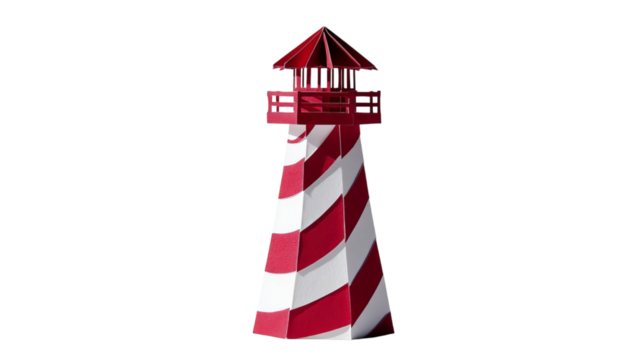 PNG of A vibrant red and white striped lighthouse replica, symbolizing guidance and safety by the sea.
