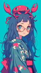 Anime girl with glasses wearing a crab kimono