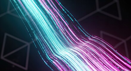 digital waterfall made of glitch lines and pixel streams, cascading RGB light trails, vibrant neon cyan and magenta tones,