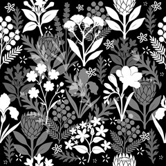 Monochrome seamless floral pattern. Hand drawn. Not AI, vector illustration.