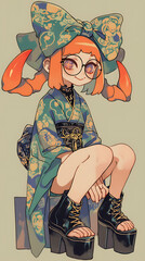 Anime girl with glasses wearing a crab kimono