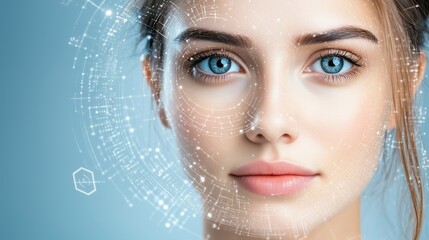 A woman face is overlaid with glowing digital nodes, symbolizing technology and facial recognition. The image blends humanity with futuristic innovation and data visualization.