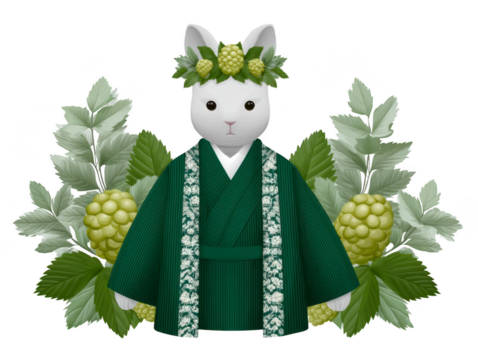 Rabbit wearing traditional green kimono with floral pattern, grapevine crown, surrounded by green grape clusters and leafy branches, exuding calm and serene atmosphere