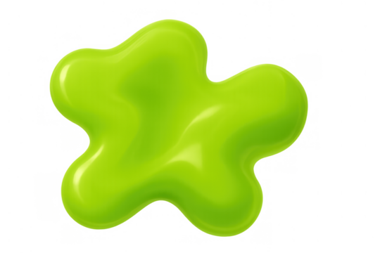 Green slime blob dropping liquid splash design element with shiny surface on transparent background
