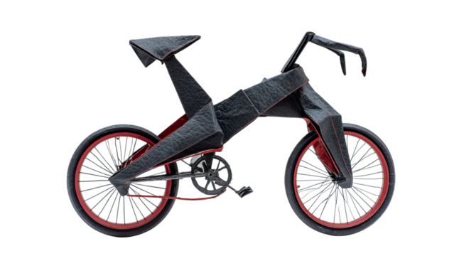 PNG of A unique metallic black and red bicycle with an innovative design, showcasing a blend of modern artistry and functionality. - Powered by Adobe