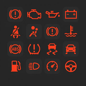 Set of 16 red car dashboard warning and indicator icons on dark background, including engine, oil, battery, ABS, seat belt, and tire pressure symbols.
