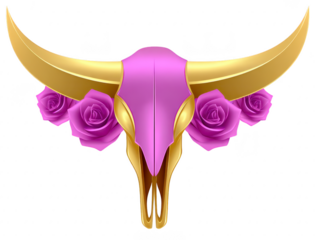 Golden bull skull purple rose floral decorative animal skull western boho luxury elegant surreal fantasy Golden bull skull with purple metallic finish and vibrant purple roses blending western