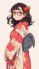 Anime girl with glasses wearing a crab kimono