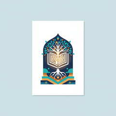 Spiritual Knowledge and Roots Icon: Tree of Life Growing from Open Book with Islamic Arch Design. Abstract Symbolism for Wisdom and Heritage.