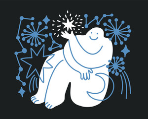 Modern flat character. Silhouette of man with dream universe abstract form, holding star. Simple character of dreaming young person. Concept in flat color graphic. Vector cutout doodle illustration