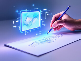 AI-Assisted Design Concept: Human Hand Draws Simple Line While Holographic Artificial Intelligence Screen Projects Complex Digital Wave Pattern. Tech Future.