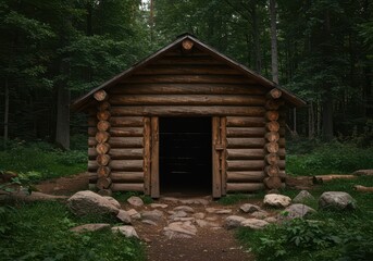 Cozy wooden bear house enclosure entrance deep in the woods, built from natural logs and stones in a forested habitat, wildlife, conservation, brown
